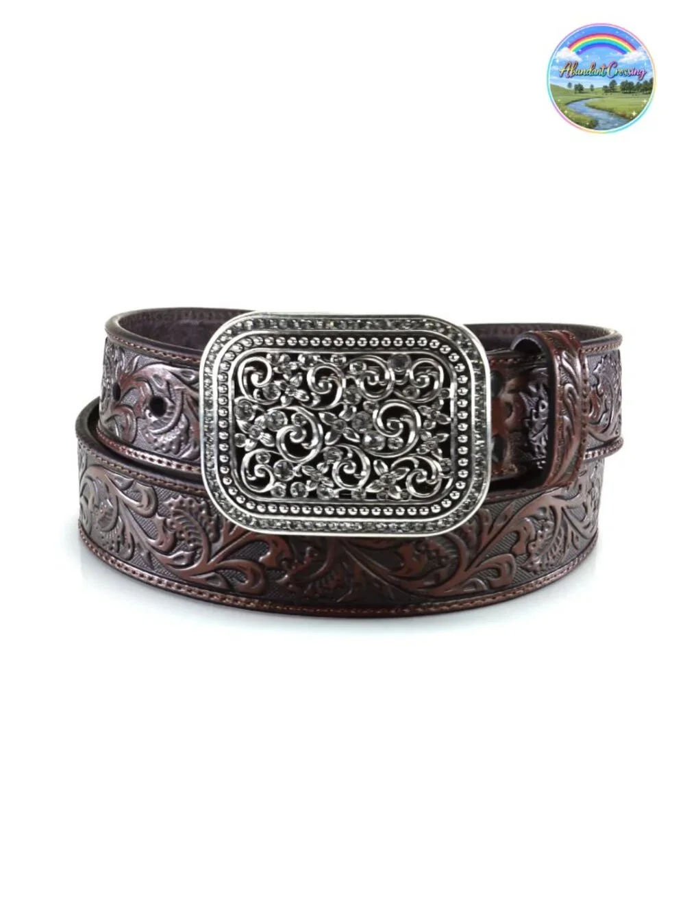 Genuine Leather Western Belt with Ornate Rhinestone Buckle